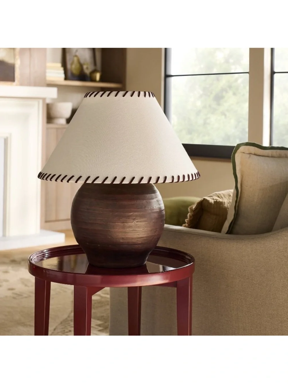 Studio McGee Brown Ceramic Table Lamp with Cream Whipstitch Shade